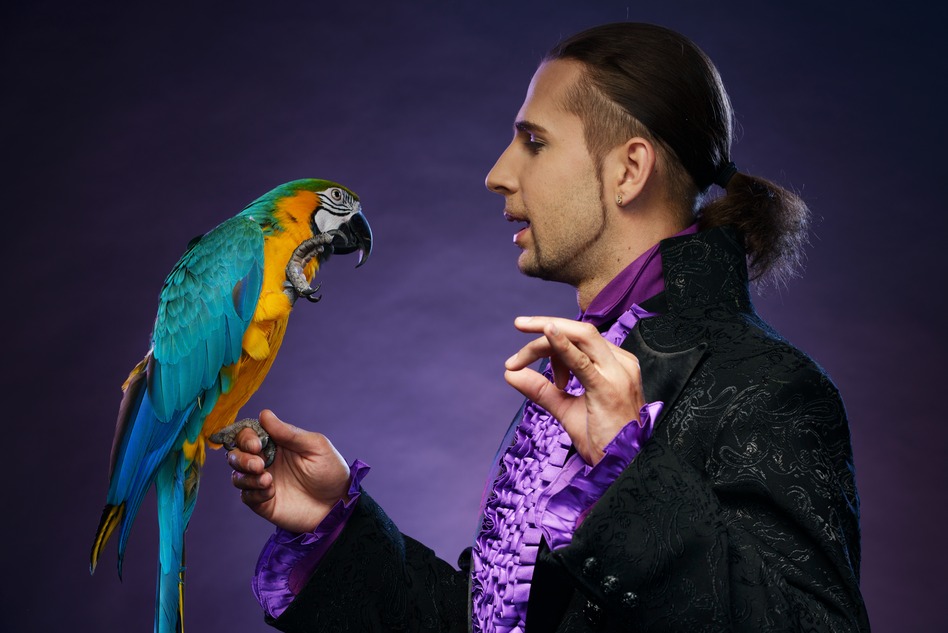 Young handsome brunette magician man in stage costume with his trained parrot